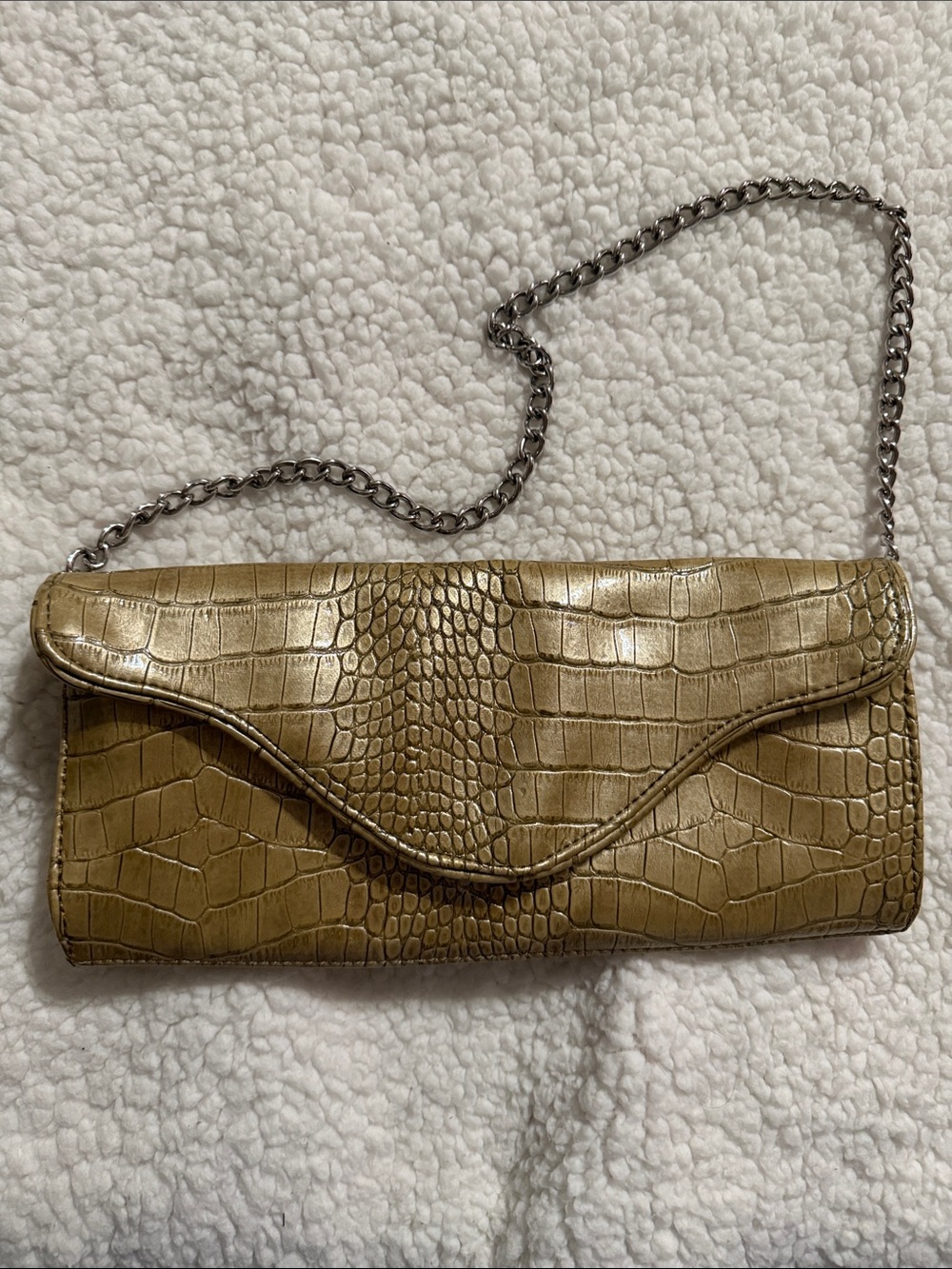 Croc-Embossed Gold with Silver Chain Strap Clutch